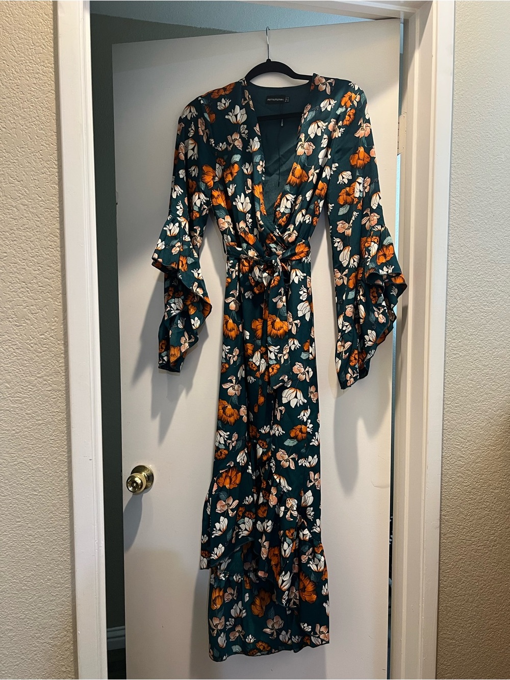 PrettyLittleThing Teal Floral Wrap Maxi Dress with Orange Bloom